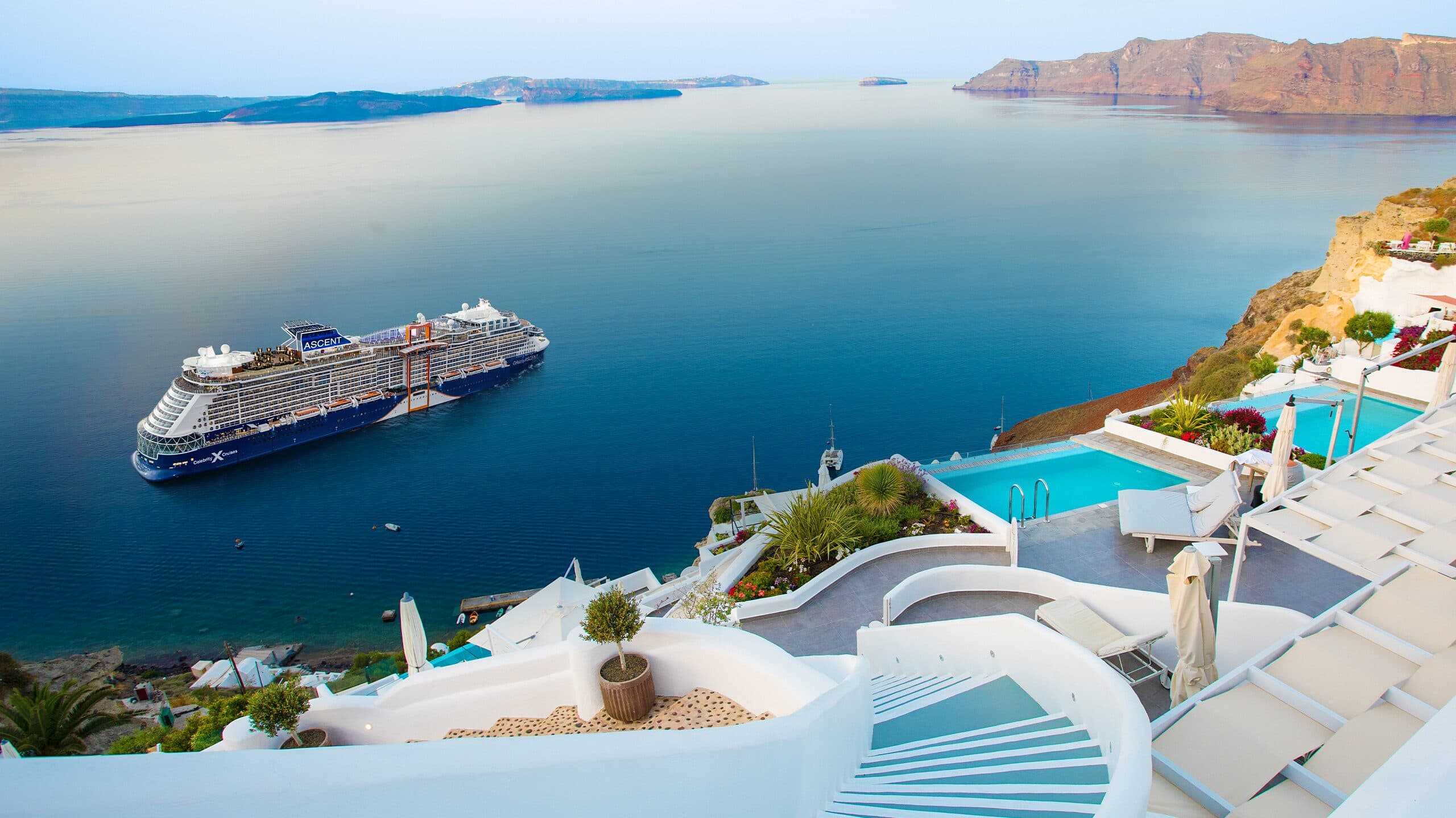 Celebrity Ascent cruise ship in Santorini Greece - Dubai Cruise Blog