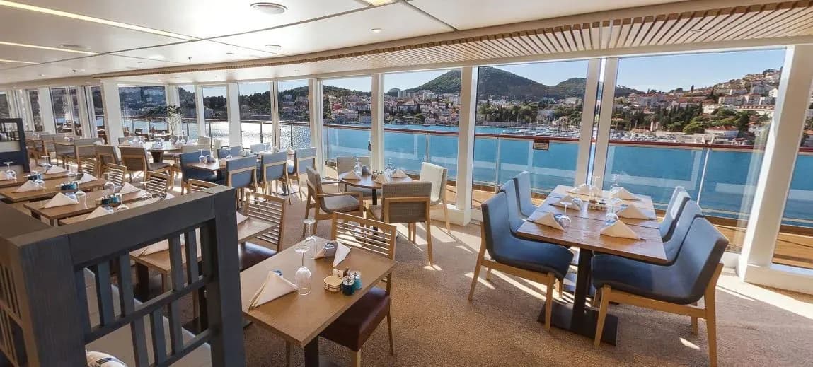Viking Ocean Cruises restaurant with harbor view