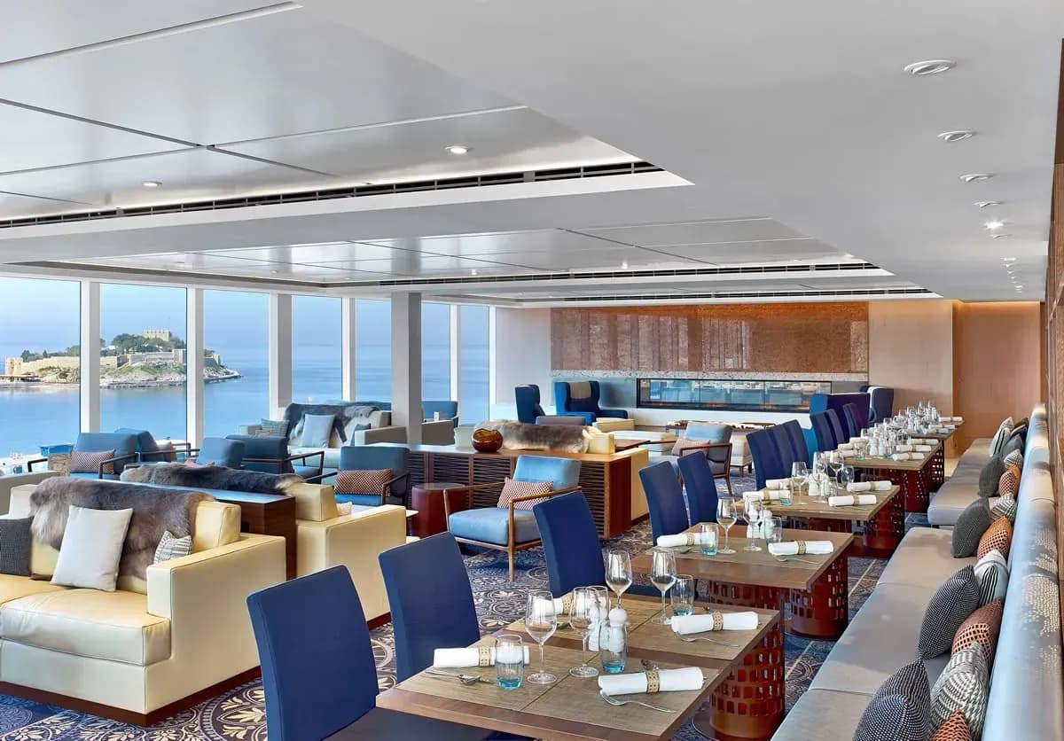 Viking Ocean Cruises lounge dining area with fireplace
