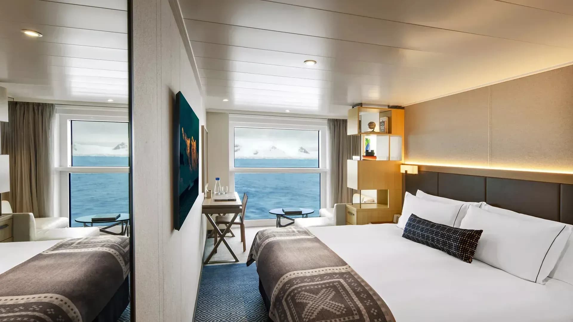 Viking Octantis Nordic Balcony stateroom bed with polar view